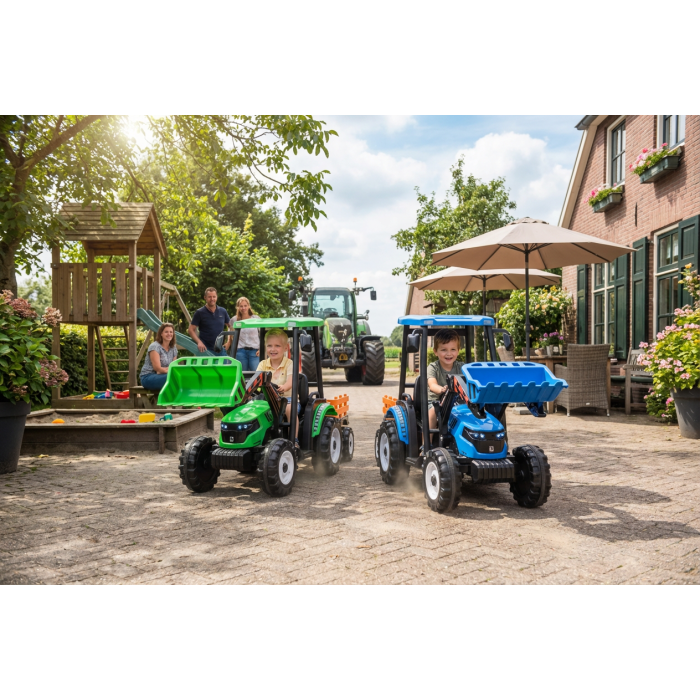 Kinder Accu Tractor Farmer met schep en aanhanger Groen 24 Volt